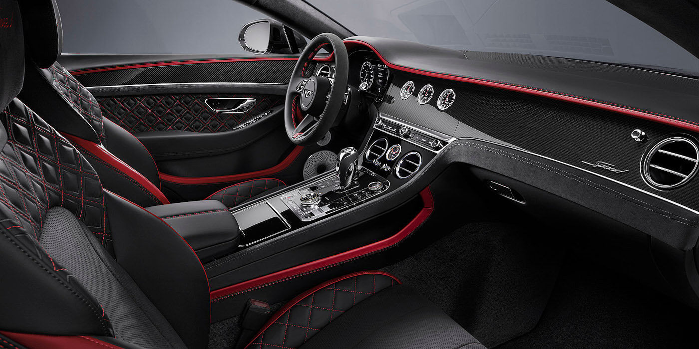 Emil Frey Exclusive Cars GmbH | Bentley Nürnberg Bentley Continental GT Speed coupe front interior in Beluga black and Hotspur red hide