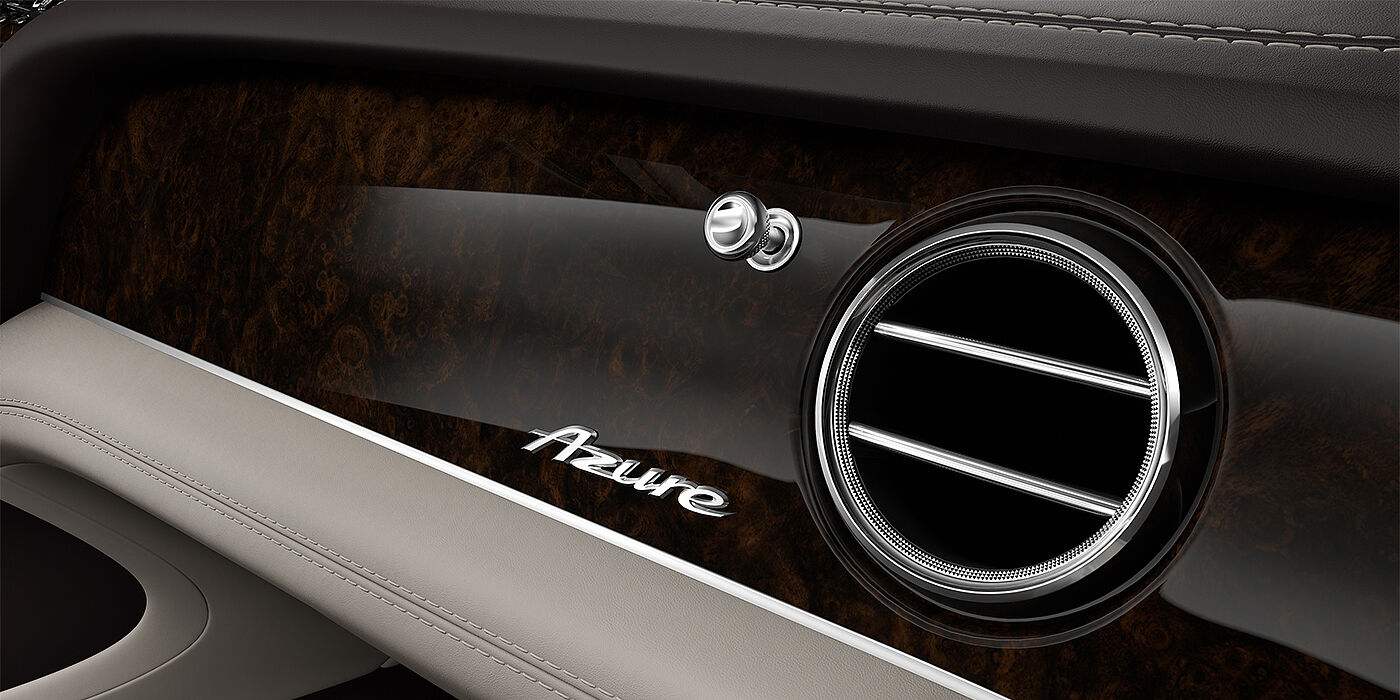 Feser-Graf Exclusive Cars GmbH | Bentley Nürnberg Bentley Bentayga EWB Azure SUV veneer detail in Dark Stained Burr Walnut with Azure chrome fascia badge