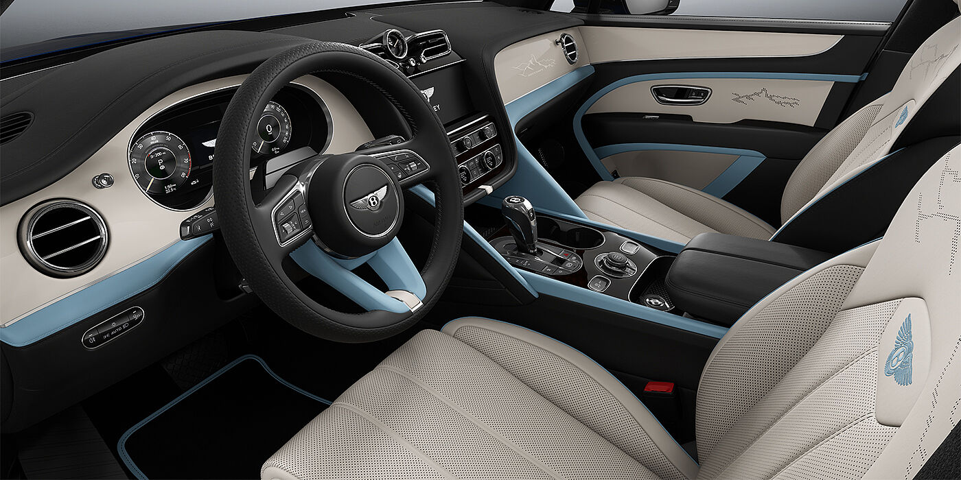 Feser-Graf Exclusive Cars GmbH | Bentley Nürnberg Bentley Bentayga Artenara Edition SUV front cabin in Linen and Beluga Black hides with Light Blue accents and Piano Linen veneer