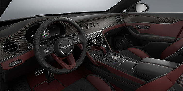 Feser-Graf Exclusive Cars GmbH | Bentley Nürnberg New Bentley Flying Spur S sedan front interior in Cricket Ball red and Beluga Black hides with Diamond Brushed Dark Tint Aluminium veneer