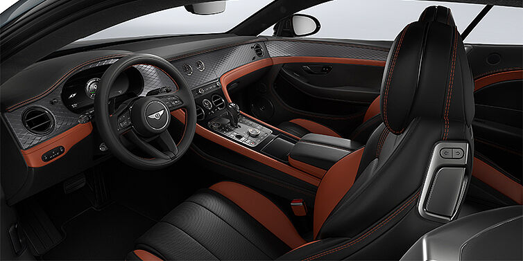 Feser-Graf Exclusive Cars GmbH | Bentley Nürnberg Bentley Continental GT Coupé vorne Innenraum in Newmarket Tan und Beluga Black Leder mit Diamond Brushed Dark Tint Aluminium Furnier