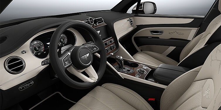 Feser-Graf Exclusive Cars GmbH | Bentley Nürnberg Bentayga EWB Artenara Edition SUV front interior in Portand and Beluga Black hides with Piano Linen veneer