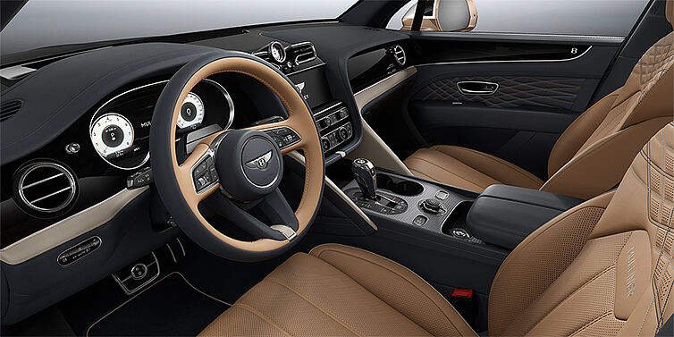 Feser-Graf Exclusive Cars GmbH | Bentley Nürnberg Bentley Bentayga EWB Mulliner SUV front interior in Camel and Brunel hides with Grand Black veneer and Aluminium console
