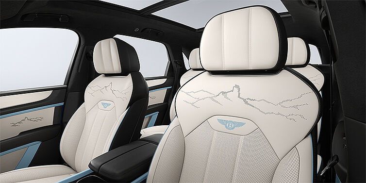 Feser-Graf Exclusive Cars GmbH | Bentley Nürnberg Bentley Bentayga Artenara Edition SUV front seats in Linen and Beluga Black hides with Light Blue accents and Artenara stitch detail
