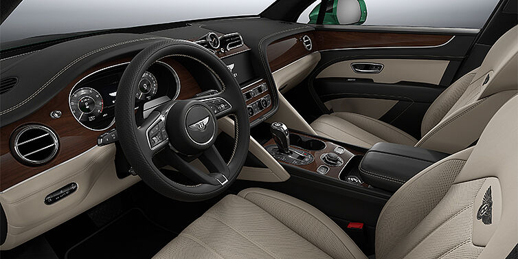 Feser-Graf Exclusive Cars GmbH | Bentley Nürnberg Bentley Bentayga SUV front interior in Portland and Beluga black hides with Crown Cut Walnut veneer