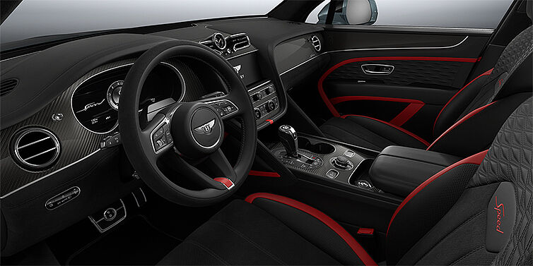 Feser-Graf Exclusive Cars GmbH | Bentley Nürnberg Bentley Bentayga Speed SUV front interior in Pillar Box Red and Beluga black hides with Carbon Fibre veneer