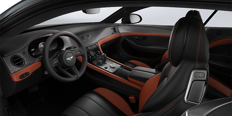 Feser-Graf Exclusive Cars GmbH | Bentley Nürnberg Bentley Continental GT coupe front interior in Newmarket Tan and Beluga black hides with Diamond Brushed Dark Tint Aluminium veneer