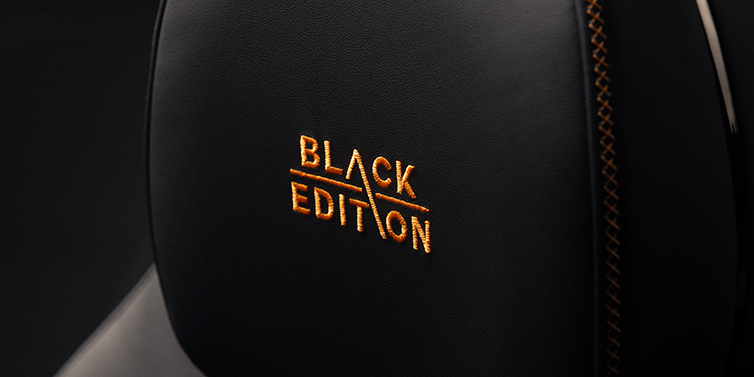 Feser-Graf Exclusive Cars GmbH | Bentley Nürnberg Bentley Continental GT coupe seat headrest Black Edition stitched emblem in Mandarin colour against Beluga black hide