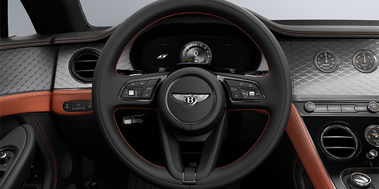 Feser-Graf Exclusive Cars GmbH | Bentley Nürnberg Bentley Continental GT coupe steering wheel and dash in Newmarket Tan and Beluga black hides with Diamond Brushed Dark Tint Aluminium veneer
