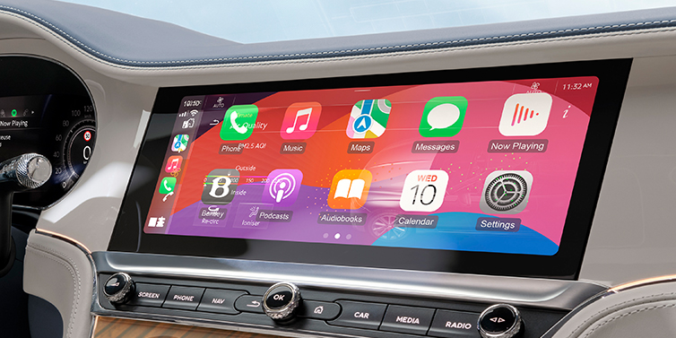 Feser-Graf Exclusive Cars GmbH | Bentley Nürnberg New Bentley Continental GTC Azure convertible close up of front interior, featuring centre dash MMI screen showing available services